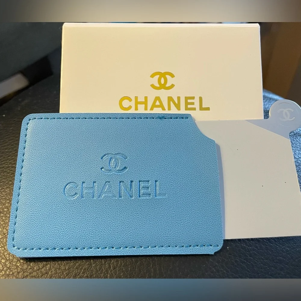 CHANEL Blue Leather Card Holder with Silver Metal Mirror Card - Picture 2 of 3